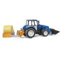 Bruder New Holland T5.120 tractor with front loader, bucket, forks and round bale