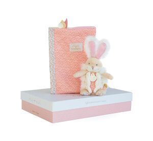 Doudou Gift set - pink plush rabbit and diaper case