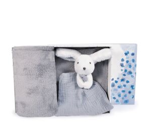 Doudou Happy Rabbit gift set with a blue-grey shawl and a little blue-grey toadstool