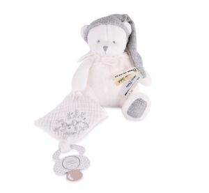 Doudou Gift set Teddy bear with pacifier holder and blanket grey 20 cm