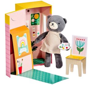 Petit Collage Plush bear in the painting studio