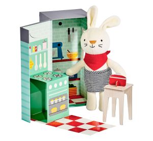 Petit Collage Plush bunny in the kitchen