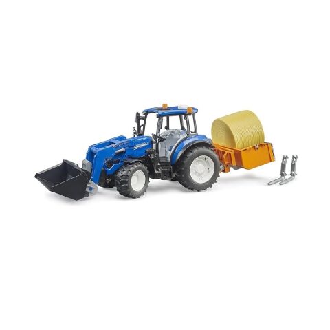 Bruder New Holland T5.120 tractor with front loader, bucket, forks and round bale