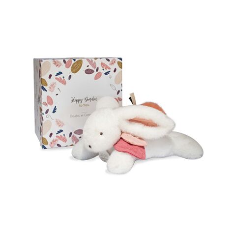 Doudou Gift set - Plush rabbit with dark pink pompom 25 cm