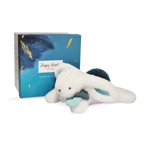 Doudou Gift set - Plush rabbit with dark blue pompom 25 cm
