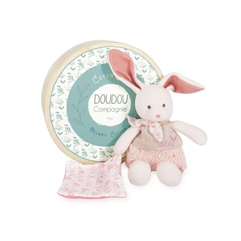 Doudou Gift set - Plush Ecru bunny with pink blanket made of organic cotton 22 cm