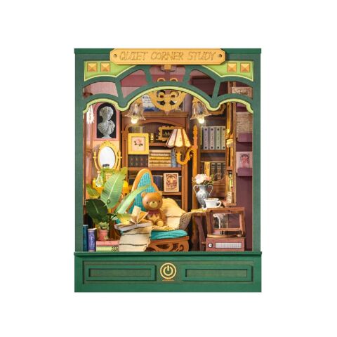 RoboTime 3D Wooden Book Nook Miniature House Bookend Quiet Study Corner